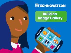Technovation Girls Hour of Code Activity: An illustration of a girl holding a smartphone with a gallery of dog pictures