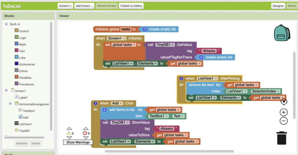 App Inventor blocks editor