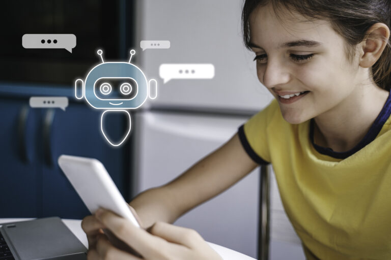 Child using system AI Chatbot in computer or mobile application. Chatbot conversation, Ai Artificial Intelligence technology. OpenAI generate. Futuristic technology. Virtual assistant on internet.