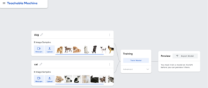 Teachable Machine screenshot training dogs and cats
