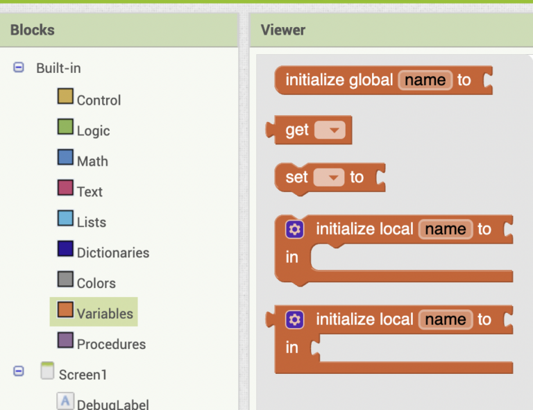 app inventor variables drawer