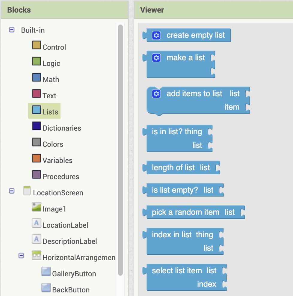 lists palette in app inventor