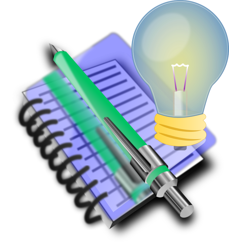 notebook, pen, and lightbulb