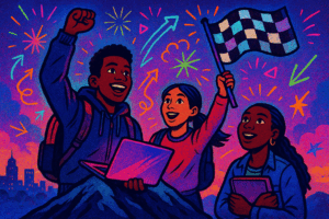 An illustration showing three students cheering and celebrating with their laptop and app with fireworks in the background