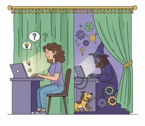 one person typing on laptop and another controlling it from behind a curtain