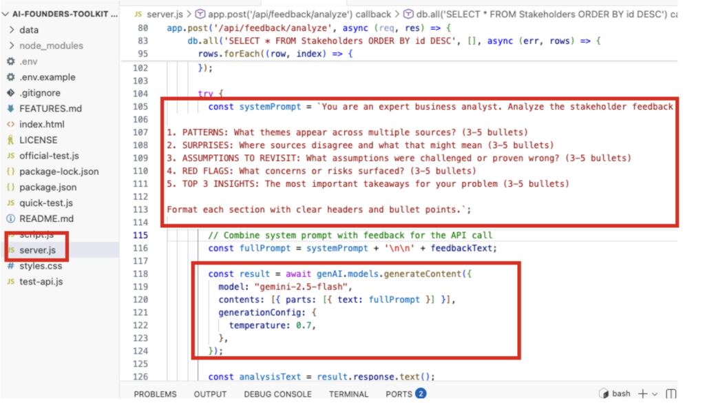 screenshot of AI integration code in codespace