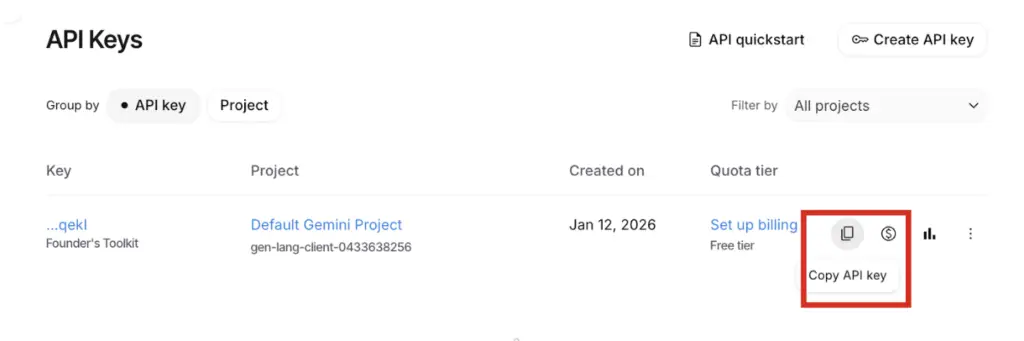 copy api key in google ai studio