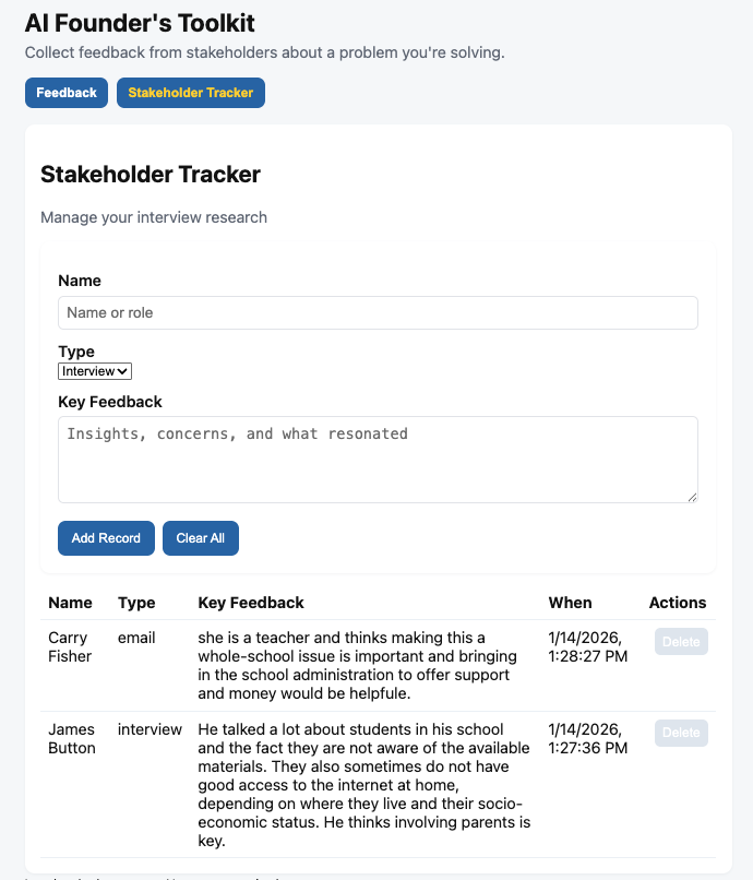 full screenshot of stakeholder tracker