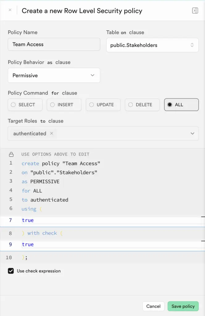 setting supabase rls policy