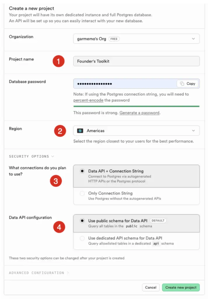 supabase new project interface