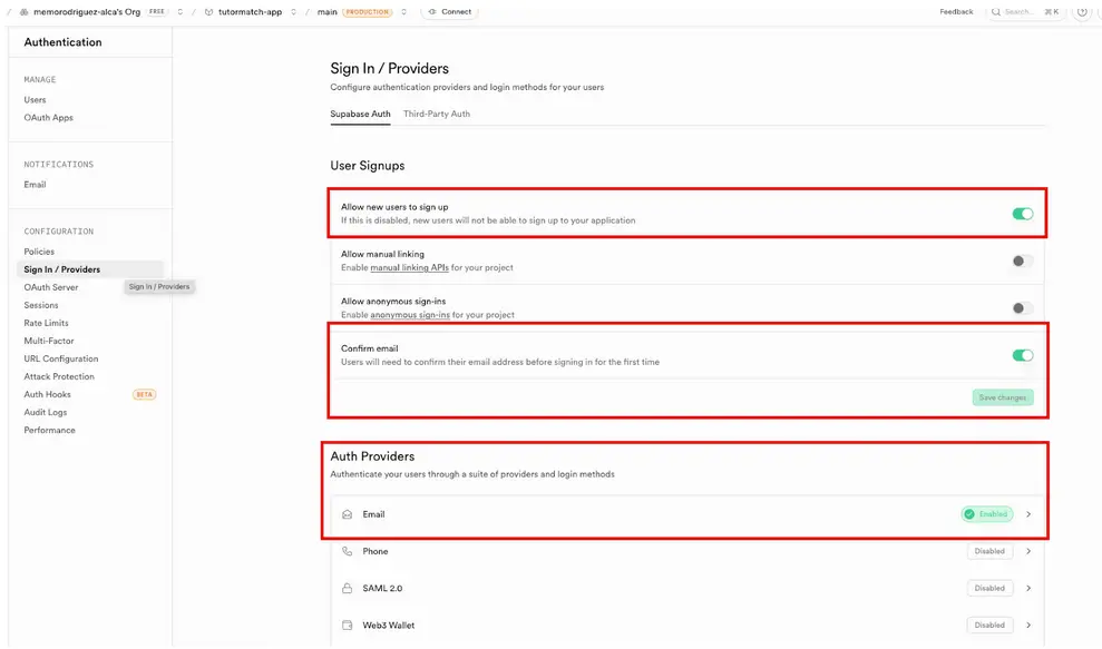 supabase user authentications screen
